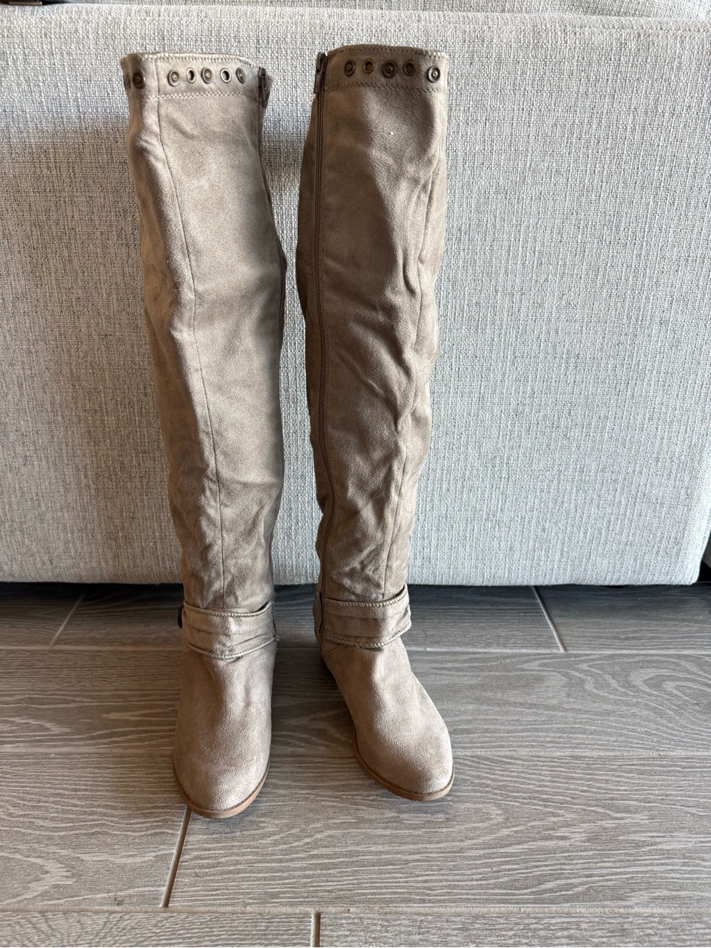 Taupe Knee-High Buckle Boots โ Womenโs Size 8.5 โ Western Boho Studded Boots